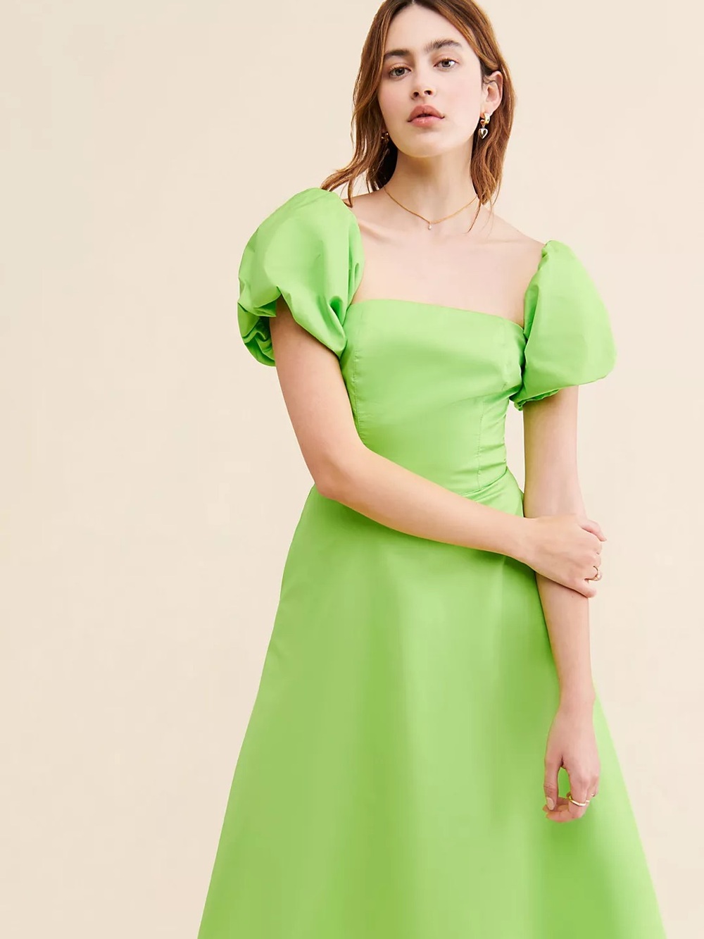 Square-Neck Puff Sleeve A-Line Dress in Lime Green
